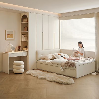 全友家居奶油风榻榻米床衣柜一体小户型家用卧室床柜子组合