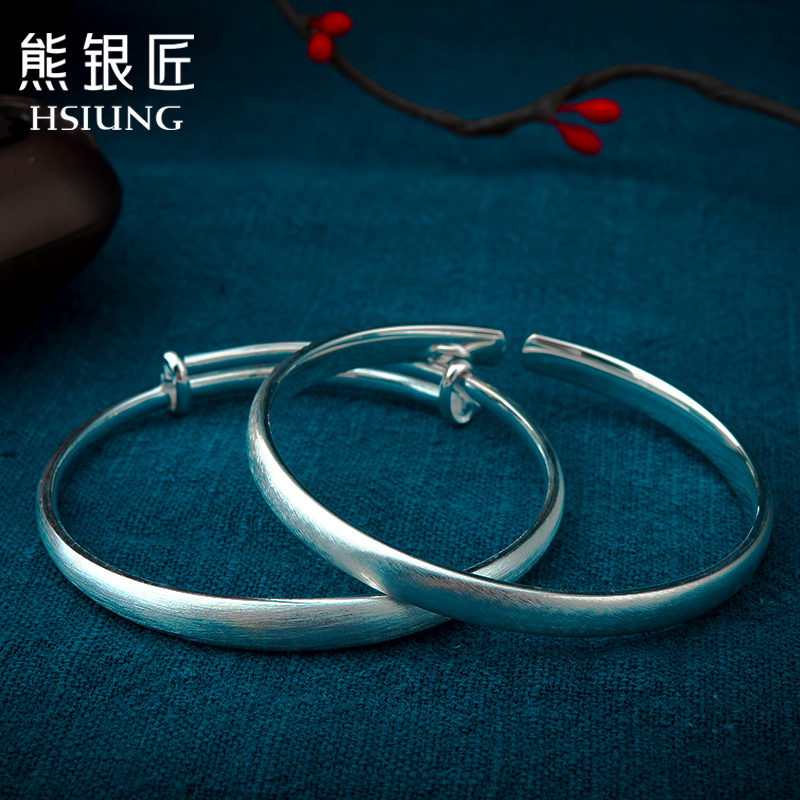 熊银匠银手镯S999纯银手镯女韩版拉丝光面银镯子纯银女送女友闺蜜