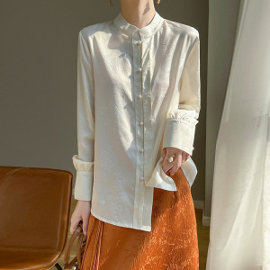 新中式国风立领衬衫女高级感醋酸缎面提花衬衣别致上衣打底