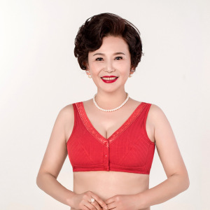 本命年大红色妈妈内衣新龙年纯棉无钢圈中老年背心式前扣文胸大码