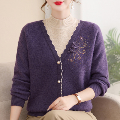 新款妈妈中老年针织衫时尚女装中年假两件上衣气质冬装秋冬款毛衣