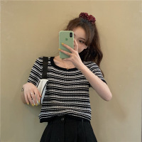 黑白条纹针织衫T恤女短款短袖上衣夏季新款高腰韩版宽松ins潮