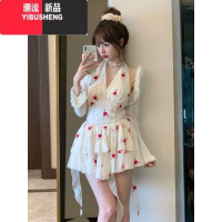 YIBUSHENG纯欲露背碎花挂脖吊带连衣裙女季茶歇法式蓬蓬短裙子收腰a字裙