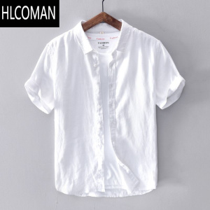 HLCOMAN亚麻衬衫男短袖宽松夏季薄款简约纯白色棉麻衬衣商务休闲寸衫外套