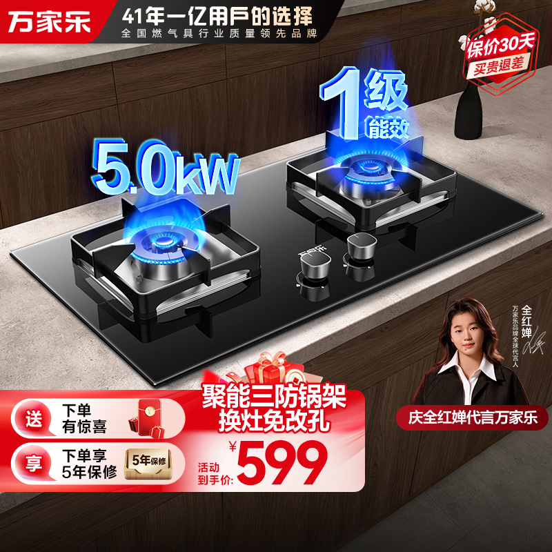 万家乐双高火燃气灶 5.0KW大火力嵌入式台式两用煤气灶液化气双灶具 可适配开孔尺寸 全进风液化气灶JZY-LAY8