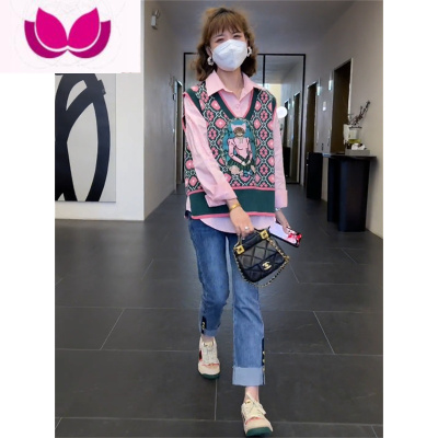 七斓长袖衬衣针织背心套装2023年春季新款软糯毛衣马甲衬衫套女潮