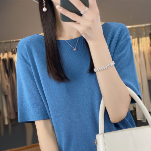 夏装上衣女曲珠冰丝亚麻针织短袖女薄款T恤女一字领背心