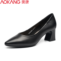奥康女士高跟鞋粗跟休闲浅口单鞋黑色面试酒店职业工作皮鞋