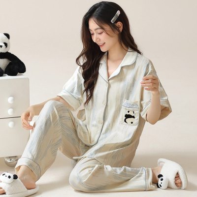 睡衣女士夏季棉质短袖长裤薄款月子服2026年新款大码甜美开衫套装