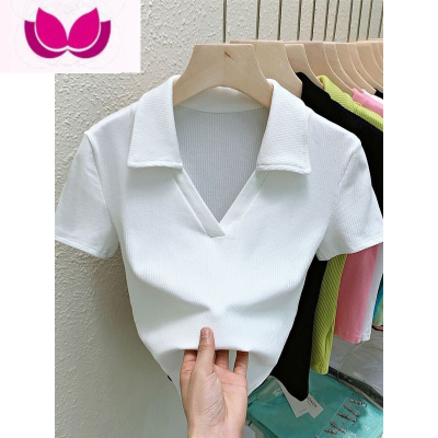 七斓2023女装螺纹棉V领领打底衫短袖纯色内搭紧身上衣百搭T恤短款