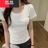 YIBUSHENG通勤正肩短袖V领t恤女2024季修身显瘦合身百搭灰色弹力上衣