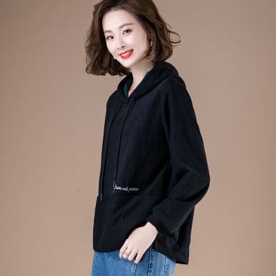 珂卡慕(KEKAMU)女士春天穿的衣服中老年女装卫衣套头连帽宽松妈妈2020新款春装时尚洋气上衣外套黑色M