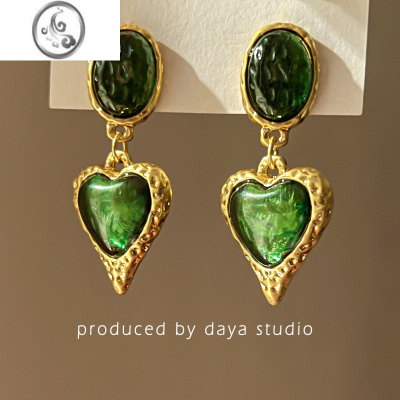 JiMivintage复古法式绿色爱心金属耳环轻奢高级感小众设计港风ins耳钉