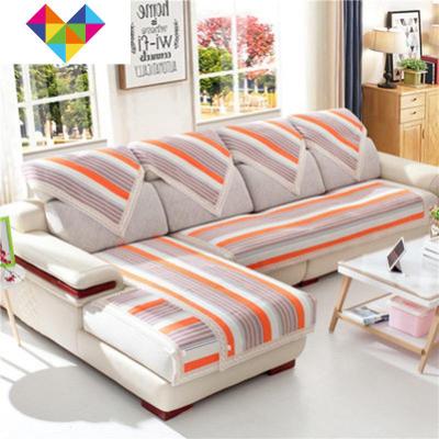 四季加厚老粗布沙发垫沙发布坐垫防滑组合盖布棉麻沙发巾通用橘黄细条90*210cm御蓝锦