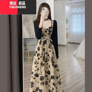 YIBUSHENG法式干枯玫瑰碎花吊带连衣裙两件套装女2024新款高级感气质长裙