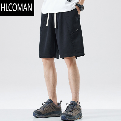 HLCOMAN黑色拼接运动短裤男夏季2025新款潮牌美式宽松五分休闲中裤子