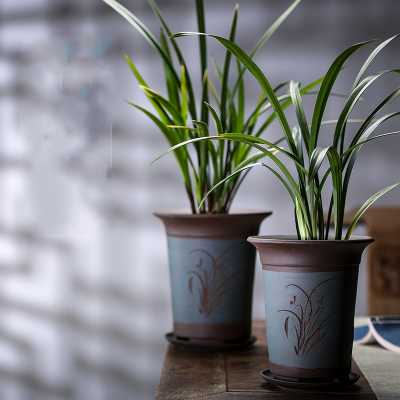 紫砂兰花盆大口径君子兰盆陶瓷兰草盆专用盆带托盘_268