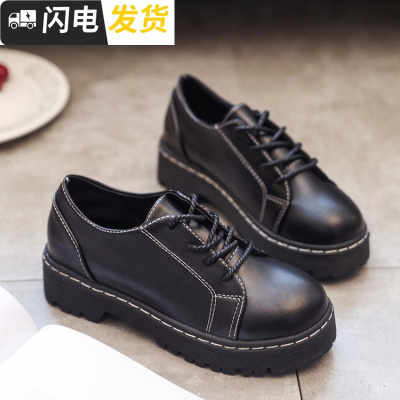 2018春秋韩版新款系带圆头厚底学生复古松糕小皮鞋女休闲原宿秋鞋启如休闲鞋休闲鞋