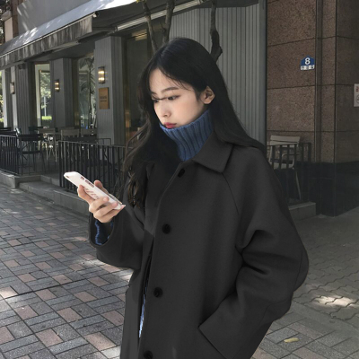 FISHBASKET小个子赫本风黑色毛呢外套女中长款过膝加厚学生森系呢子大衣毛呢外套