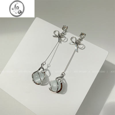 JiMi猫眼石耳环2022年新款潮耳饰夏季长款耳钉气质名媛圆脸耳夹耳坠女