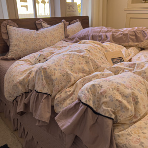 ins韩国~A类小清新皱皱纱布床盖四件套秋冬保暖加厚磨毛被套床品