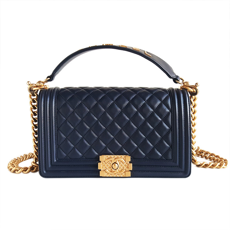 [正品二手99新]香奈儿(chanel)女士 中号 藏青色 菱格 金扣 leboy手提