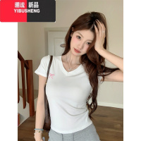 YIBUSHENG小辣纯欲~蝴蝶刺绣V领短袖T恤女季百搭修身显瘦正肩上衣