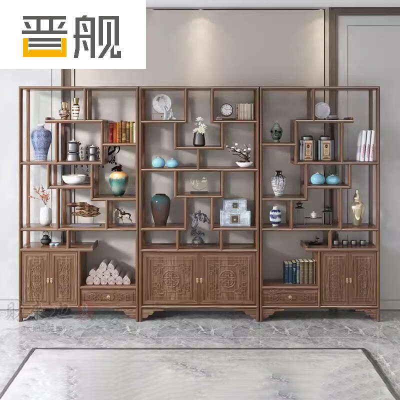 晋舰博古架多宝阁茶叶架子新中式客厅办公室隔断置物架三联博古架