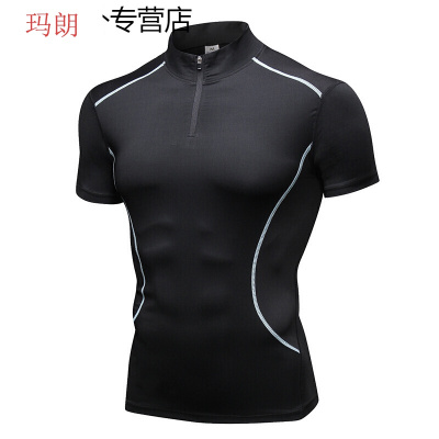 珂卡慕(KEKAMU)运动紧身衣男高领短袖速干衣高弹跑步训练短袖立领健身教练工作服黑色-蓝线S(165-170cm)