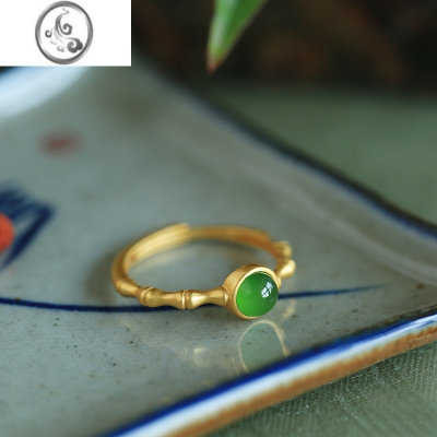 JiMi青竹|原创 和田玉碧玉银银古法金女款中国风戒指开口戒