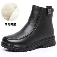 粗跟马丁靴女真皮妈妈棉鞋24冬加绒加厚羊毛棉靴保暖防滑大码短靴