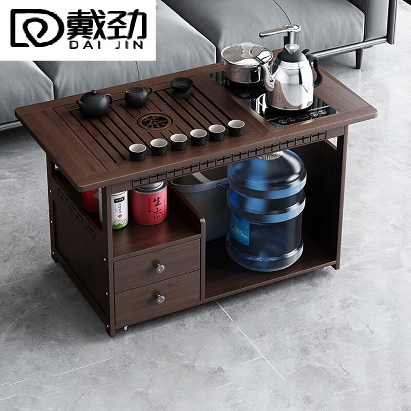 戴劲 移动茶台家用竹木小茶桌烧水壶一体简约现代功夫茶几 全自动+黑陶茶具