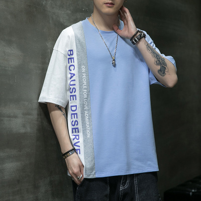 男装夏季新款纯棉T恤男士韩版潮牌ins拼接半袖T恤短袖打底衫