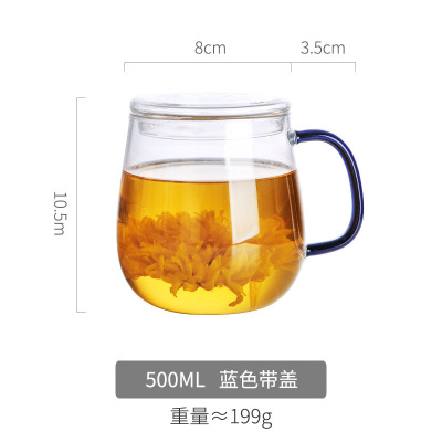 美帮汇茶杯玻璃杯过滤泡花茶杯家用带盖带把茶水分离男女办公透明水杯子 蓝色带盖-500ml