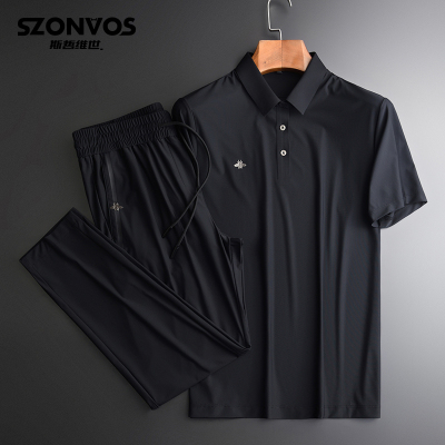 翻领套装男夏季薄款冰丝短袖套装新款小蜜蜂休闲两件套男