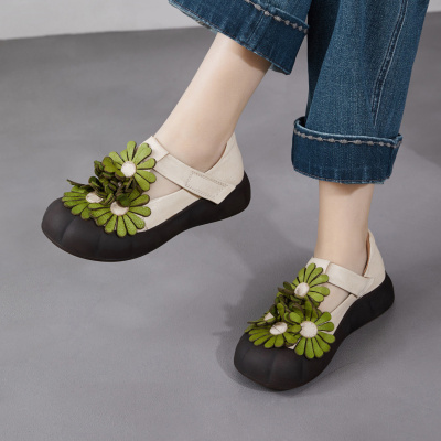 2026春季新款复古民族风手工花朵真皮女鞋厚底松糕跟玛丽珍单鞋