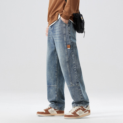 春秋款高街牛仔裤年新款高性价比质感休闲裤拼接直筒阔腿裤男