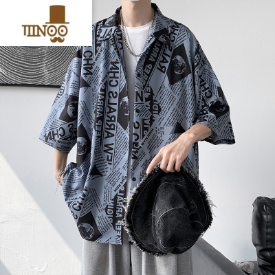 YANXU港风复古报纸印花短袖衬衫男ins设计感夏季潮牌帅气百搭衬衣外套