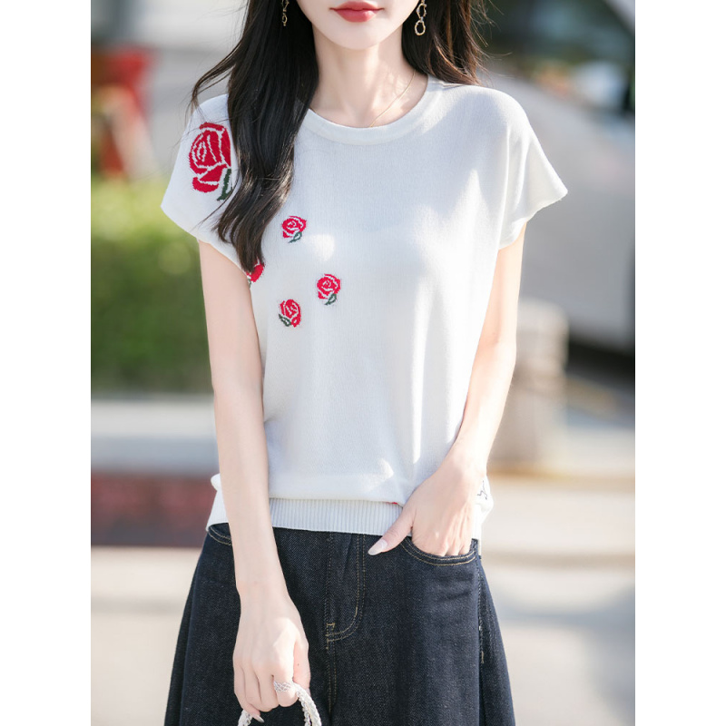 法式冰丝圆领玫瑰刺绣提花针织短袖T恤女夏季百搭薄款小飞袖上衣