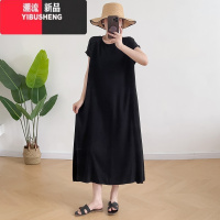 YIBUSHENG棉绸连衣裙女2024年季薄款宽松气质显瘦开叉大摆裙人造棉沙滩裙