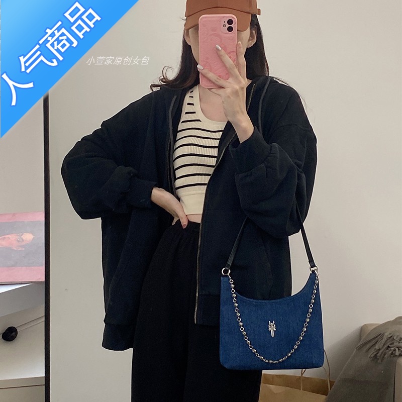 封后2022网红同款复古时尚牛仔链条马鞍包休闲百搭单肩腋下手提包女女斜挎包