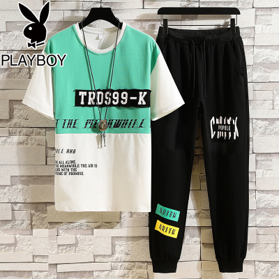 精选特卖厂家直营-花花公子夏季男士短袖T恤潮牌套装2020潮流男装一套搭配帅气