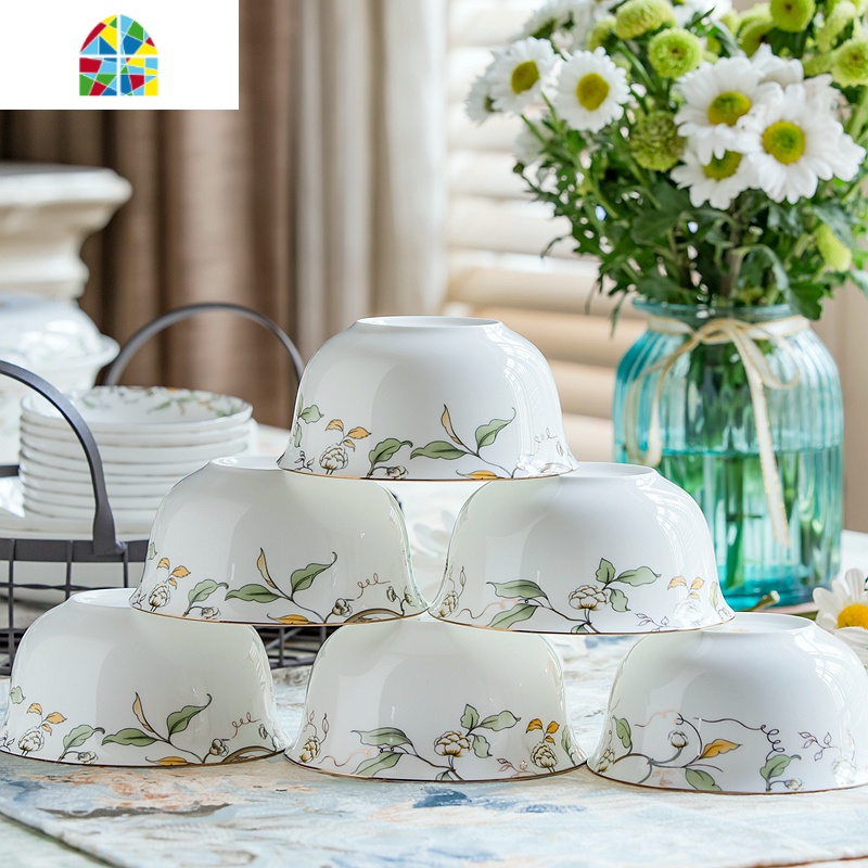 过年好看的米饭碗家用6个吃饭陶瓷碗碟餐具套装碗10个微波炉 FENGHOU [10个]4.5英寸杨花似雪高脚碗