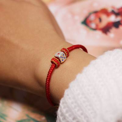 原创银饰手串手绳纯银龙年复古本命年转运编织红绳手链幸运骰子送女朋友老婆情人节七夕生日礼物