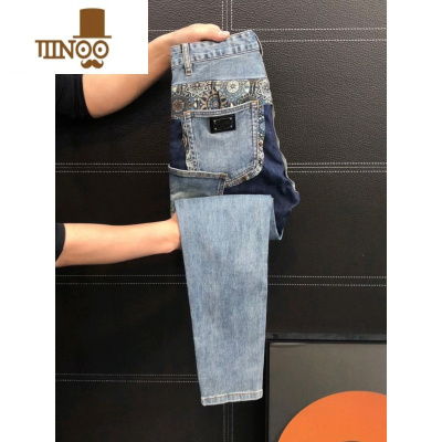 YANXU欧洲站秋季新款潮牌时尚重工拼接牛仔裤男士潮流百搭直筒休闲长裤