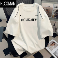 HLCOMAN美式复古白色拼接T恤短袖男女款夏季情侣款字母印花半袖上衣