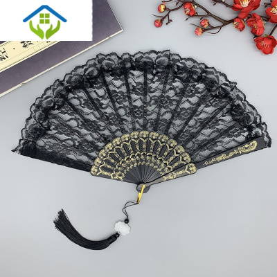 御蓝锦摆拍道具黑暗萝莉病娇哥特风洛丽塔复古风日式和风蕾丝旗袍扇子黑色（加莲花大流苏）