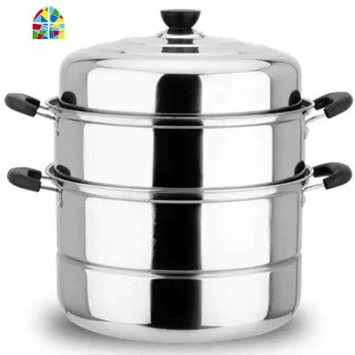 不锈钢蒸锅单层一层 加厚蒸笼蒸格汤锅双层煤气电磁炉蒸锅具 FENGHOU 32cm一层复底