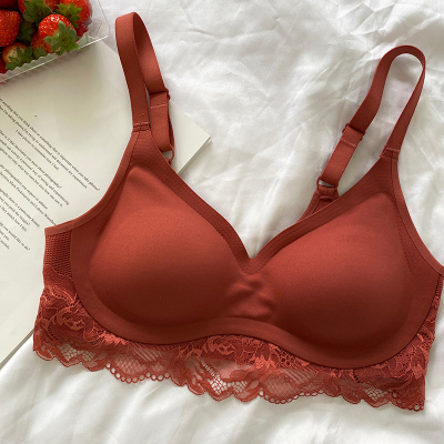 可莉允一粒橙子红色胸罩无钢圈本命年文胸内衣女士套装性感蕾丝小胸聚拢文胸套装