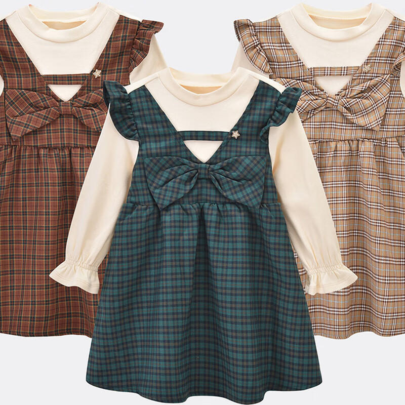 [福利]铅笔俱乐部童装2025秋装新款女小童连衣裙儿童假两件格子裙宝宝连身裙
